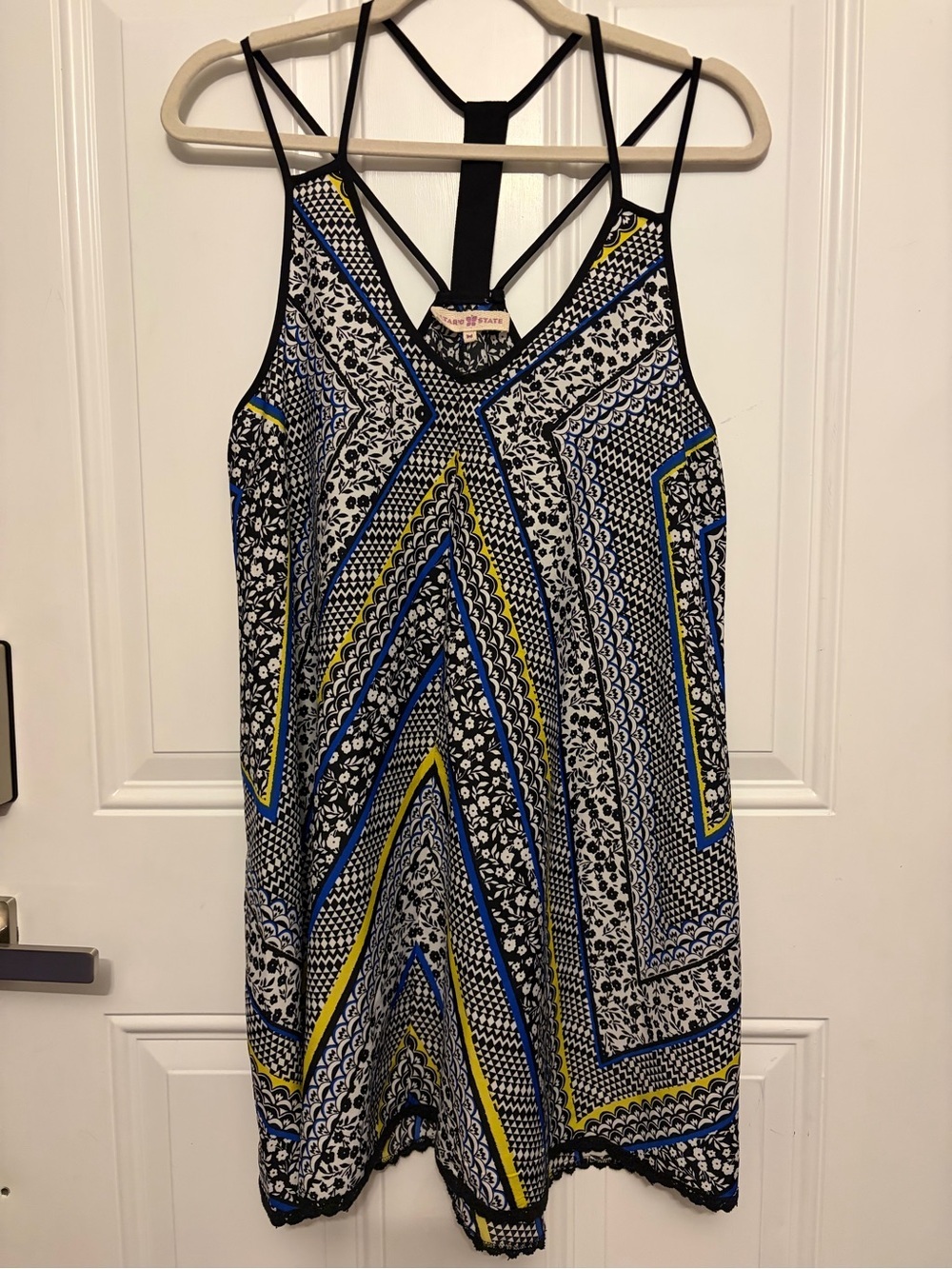 Altar'd State Black White Blue Yellow Printed Strappy Mini Dress